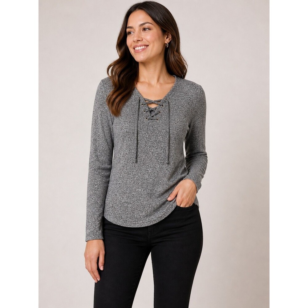 Andeawy Women’s Gray Lace-Up Neck Top Long Sleeve Knit Pullover Casual Xs
